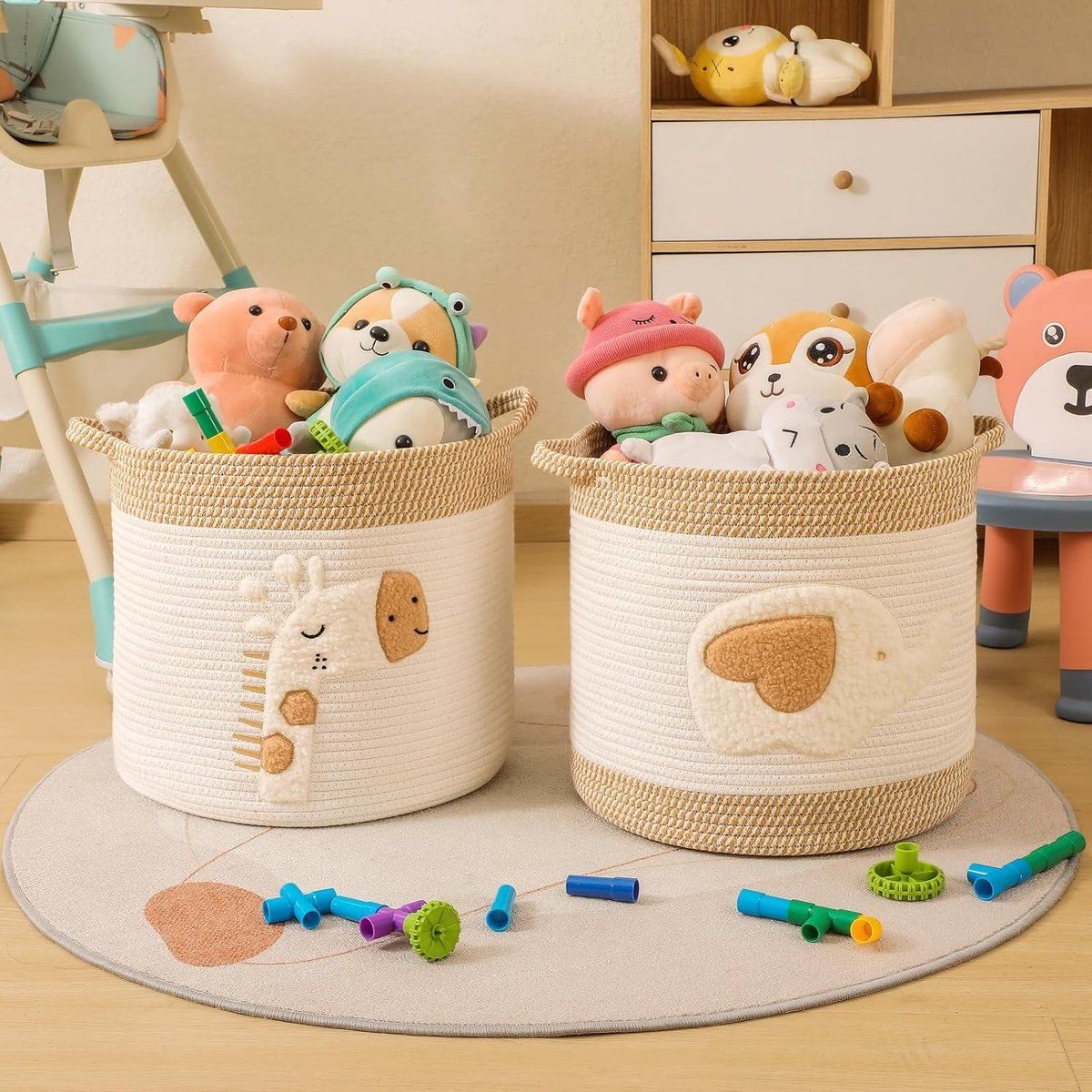 Diaper Caddy Organizer Basket, Woven Rope Storage Bin For Nursery Changing Table, Toy And Baby Essentials Storage, Khaki, 30 x 30 cm