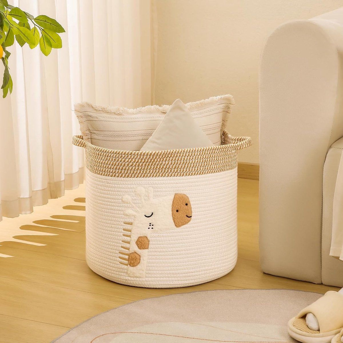 Diaper Caddy Organizer Basket, Woven Rope Storage Bin For Nursery Changing Table, Toy And Baby Essentials Storage, Khaki, 30 x 30 cm