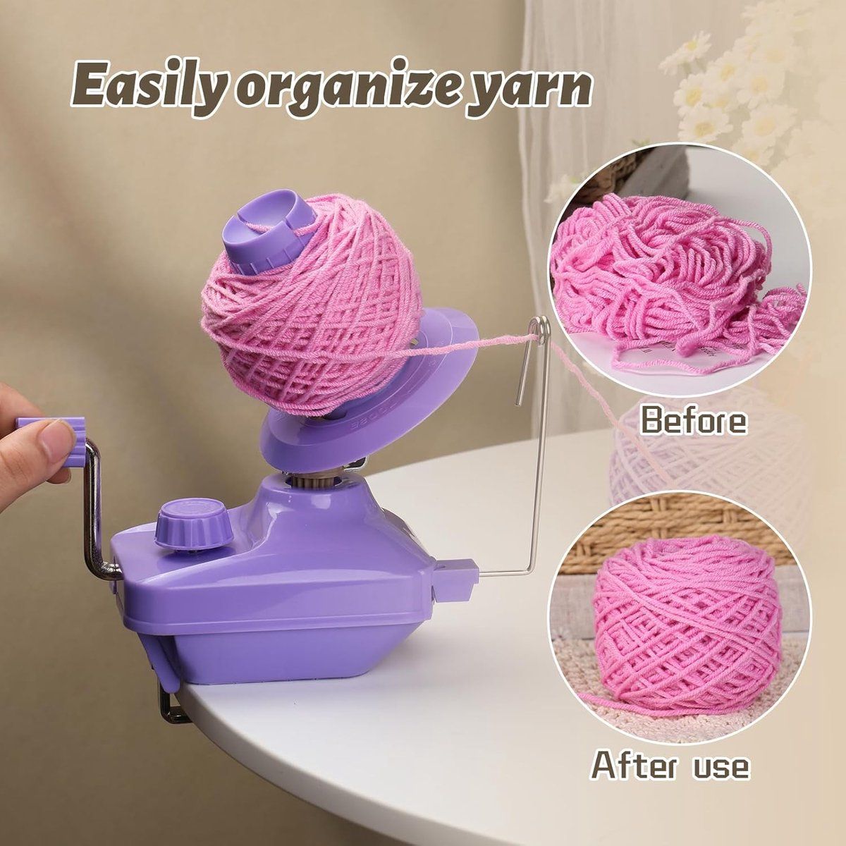 Hand Operated Yarn Ball Winder, Durable Plastic And Metal Knitting Tool For Fast Tangle Free Winding, Purple, 12 x 10.3 x 17 cm