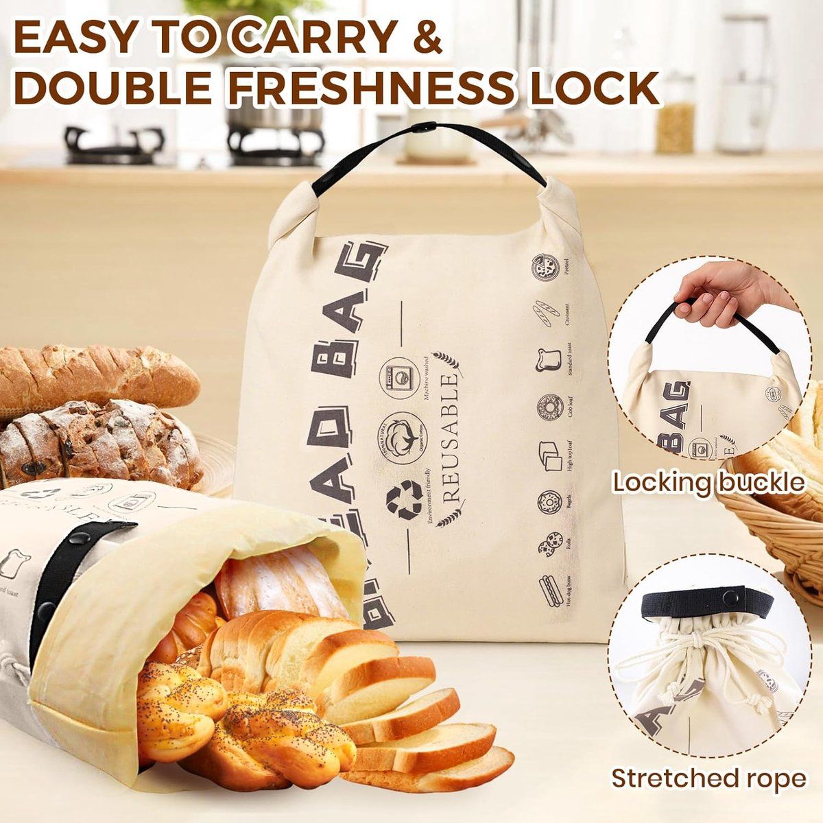 2 Pack Beeswax Bread Bags, Cotton Reusable Food Storage Bags For Homemade Bread Baking And Camping, Natural Beige, 42 x 32 cm