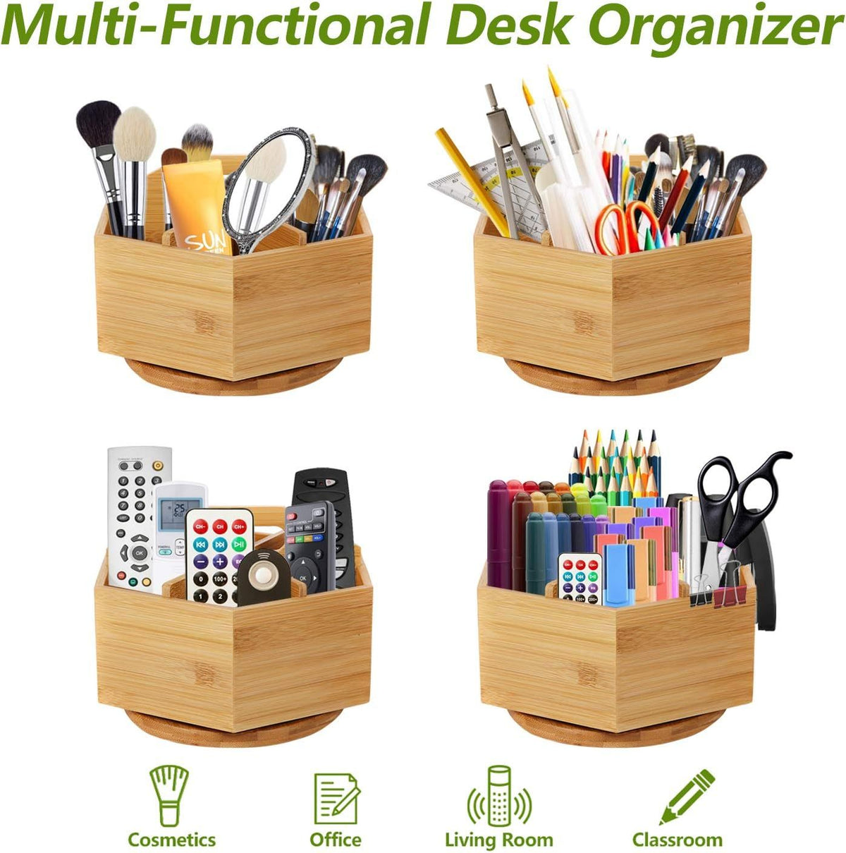 Hexagonal Bamboo Pencil Holder 360 Degree Rotating