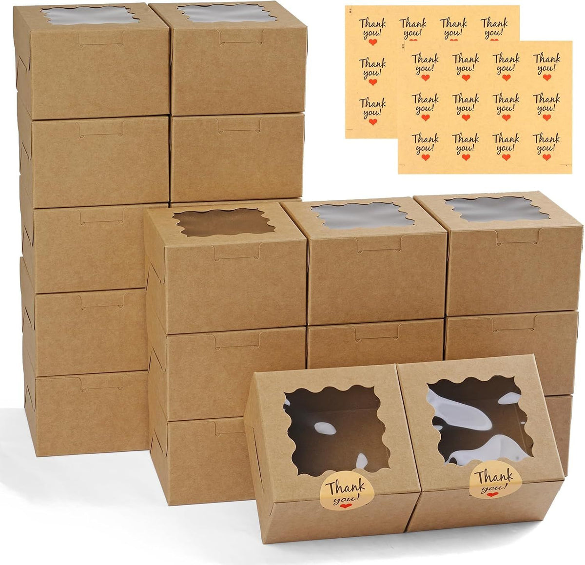 24 Piece Brown Cookie Boxes with Window and Stickers, 4 x 4 x 2.5 Inch
