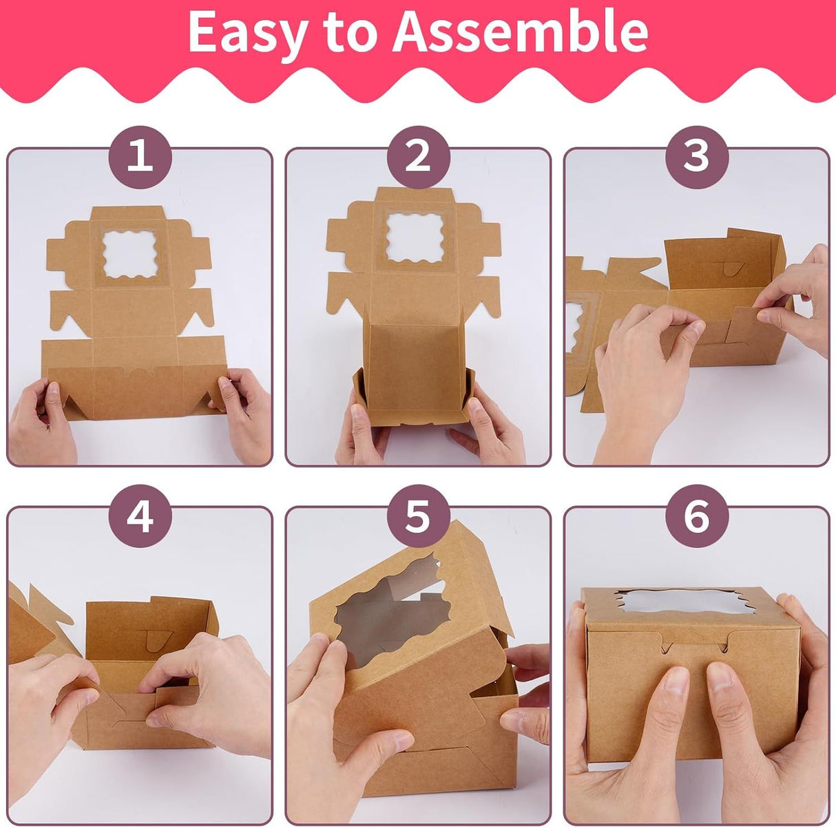 24 Piece Brown Cookie Boxes with Window and Stickers, 4 x 4 x 2.5 Inch