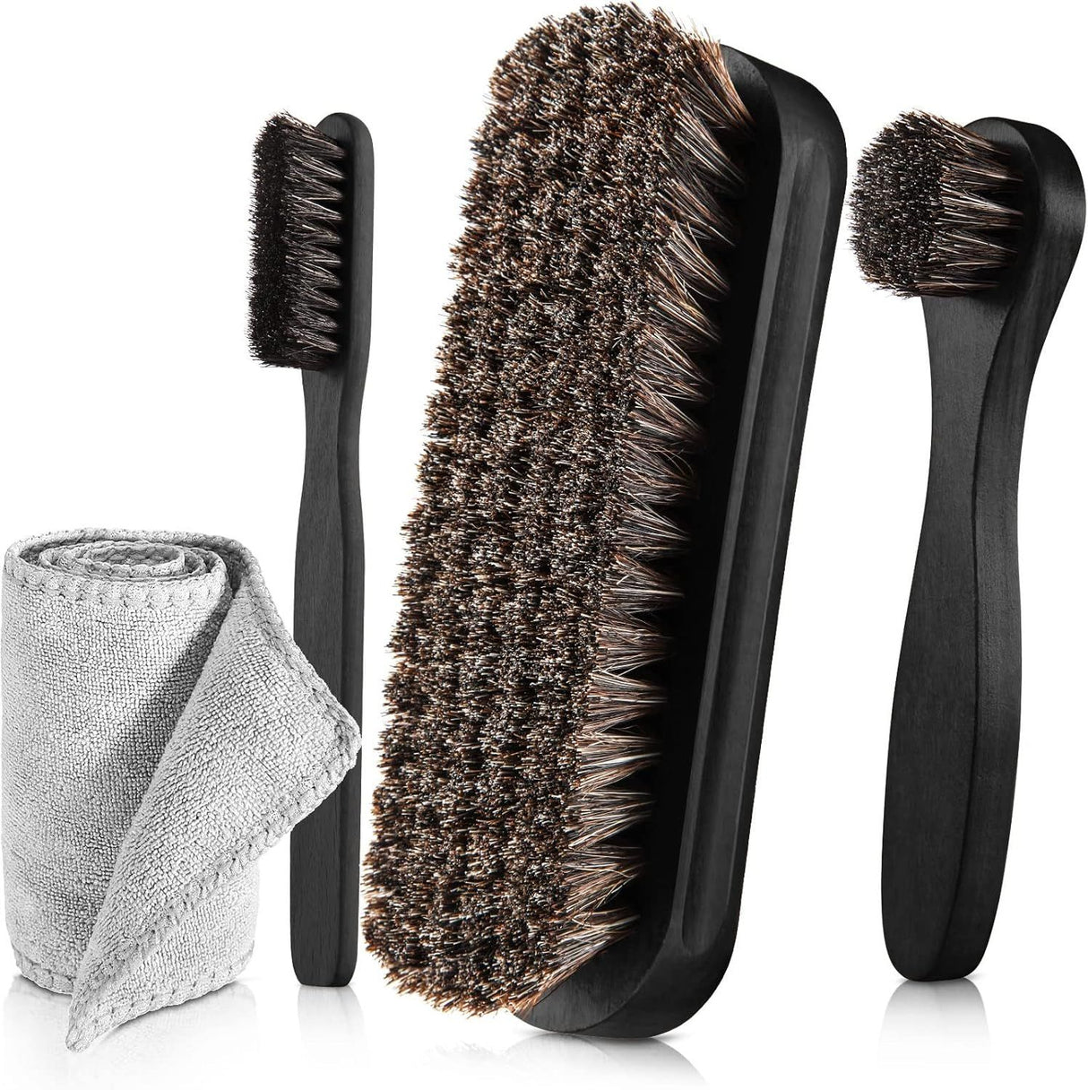 4 Piece Horsehair Shoe Polish Set with Brushes and Microfiber Cloth Black