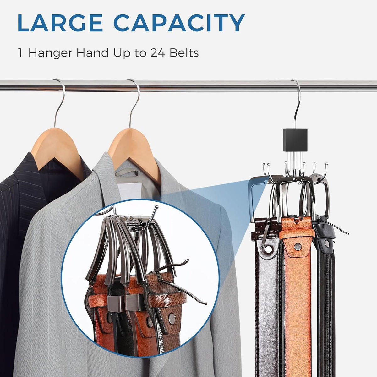 3 Piece Rotating Belt Hanger Holds up to 24 Belts