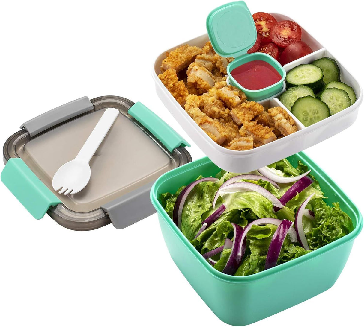 Salad Lunch Container 3 Compartments with Sauce Cup Vegetable Print, 1.5 L
