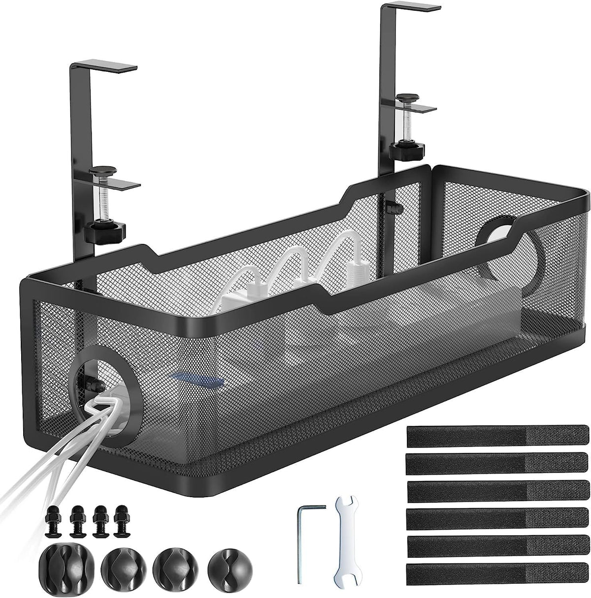 No Drill Metal Desk Cable Tray Black, 34 cm