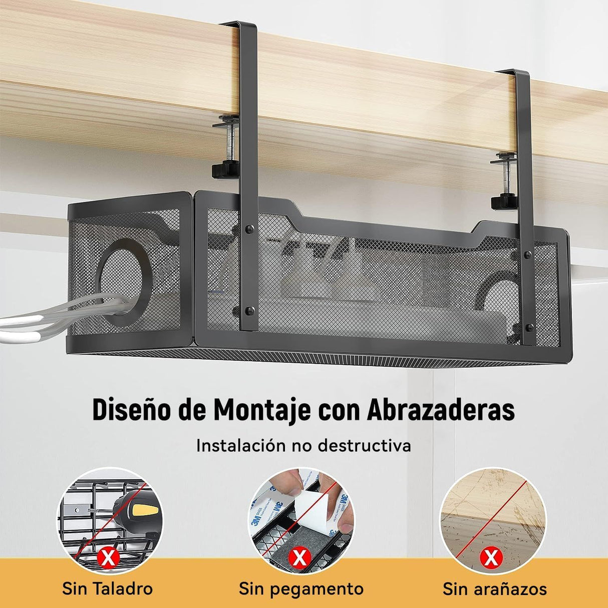 No Drill Metal Desk Cable Tray Black, 34 cm