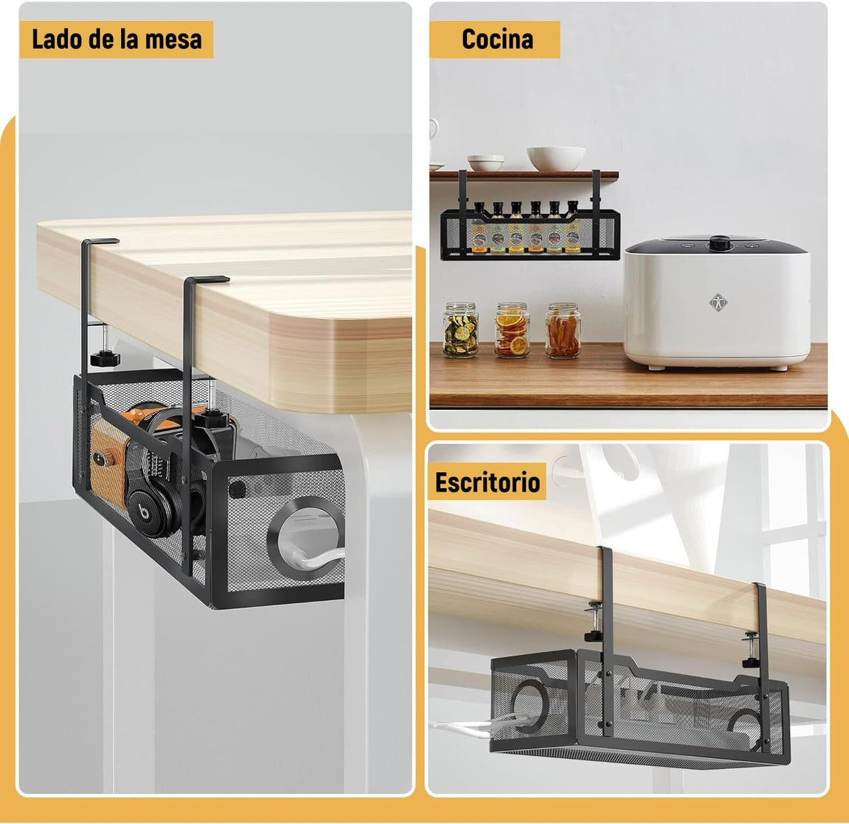No Drill Metal Desk Cable Tray Black, 34 cm
