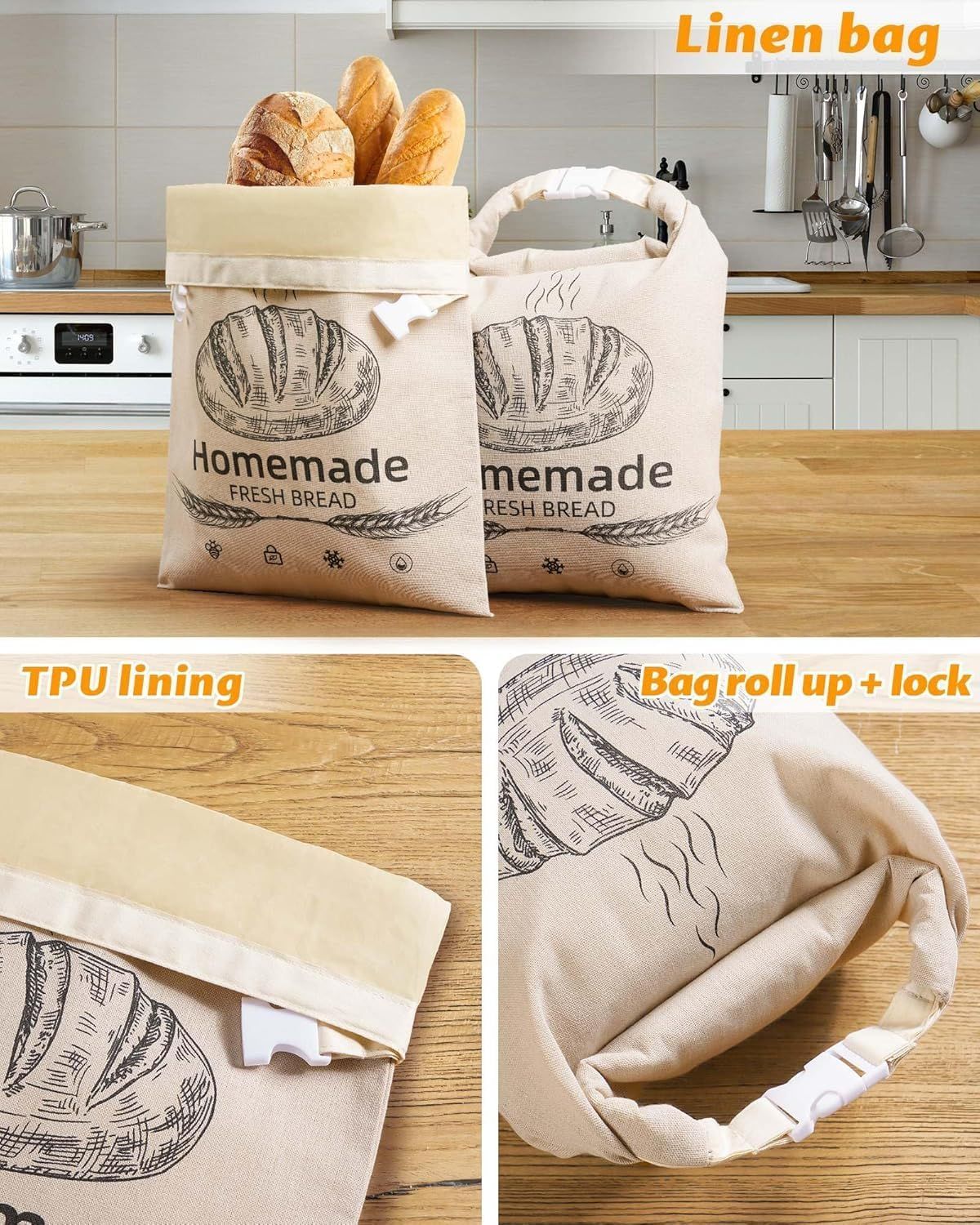 1 Piece Beeswax Bread Bag Organic Linen Beige, 43 x 32 cm