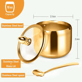 Stainless Steel Sugar Bowl with Glass Lid and Spoon, 300 ml