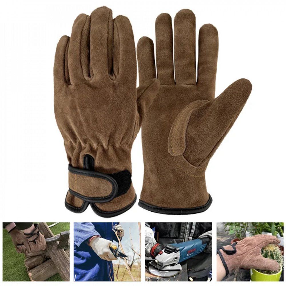 1 Pair Leather Garden Gloves Thorn Resistant Yellow Black, Size M