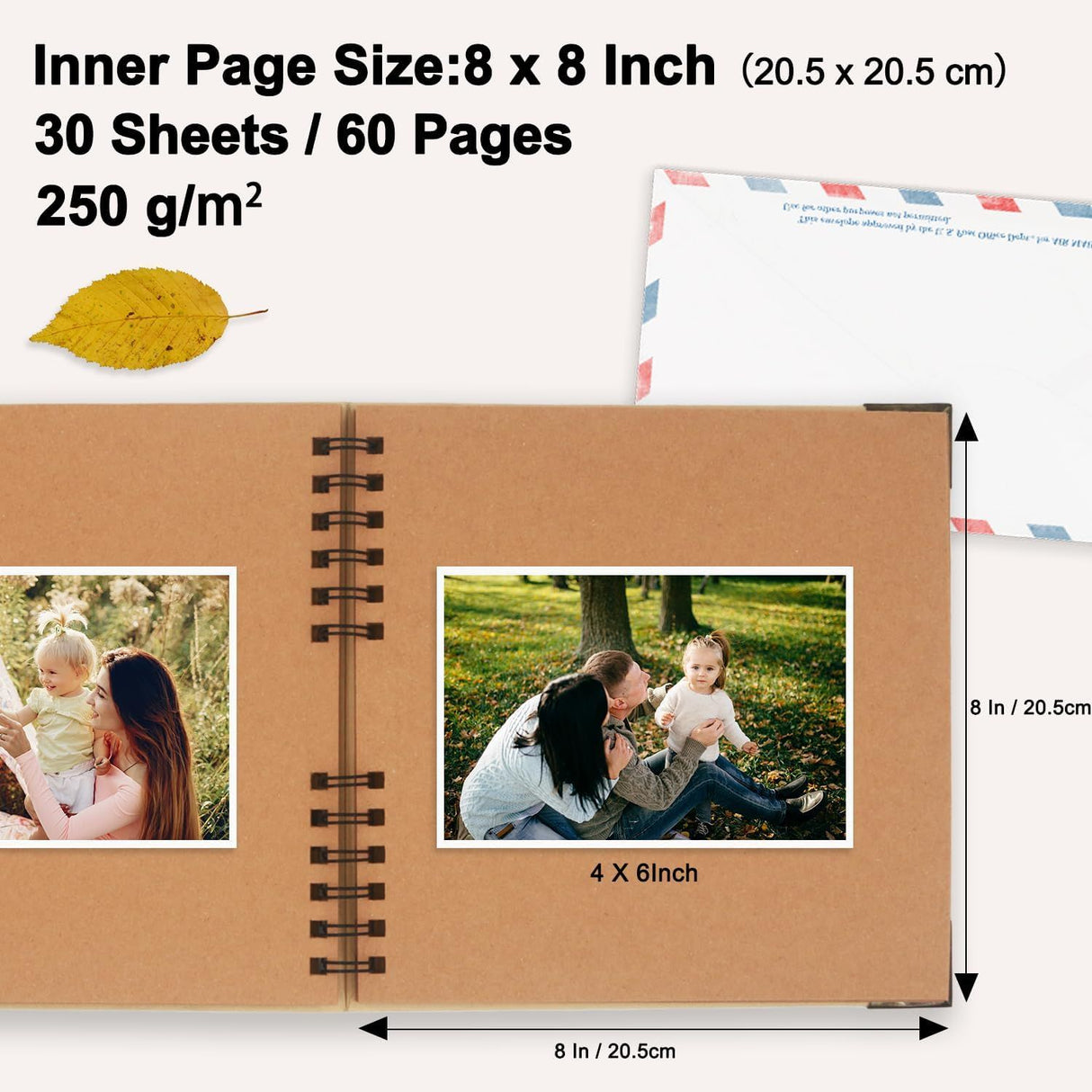 40 Page Kraft Paper Scrapbook Album with Ribbon Closure, 20 x 20 cm
