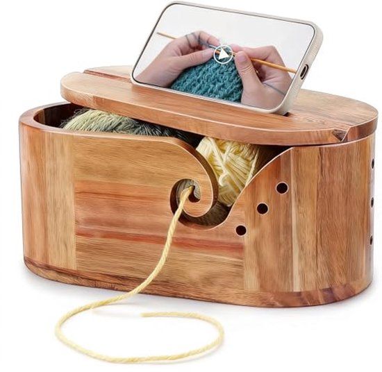 9 Piece Bamboo Crochet Hook Set with Wooden Yarn Bowl and Phone Holder