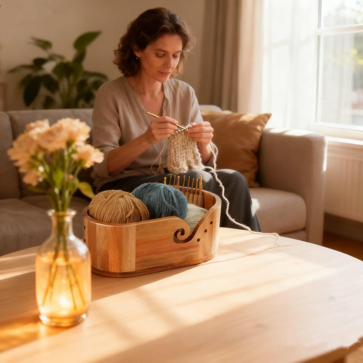 9 Piece Bamboo Crochet Hook Set with Wooden Yarn Bowl and Phone Holder