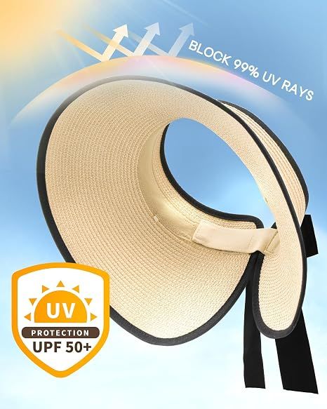 Women Straw Sun Visor Wide Brim UPF 50 Beige
