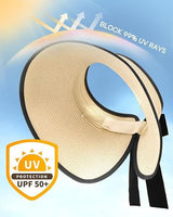 Women Straw Sun Visor Wide Brim UPF 50 Beige - Front View