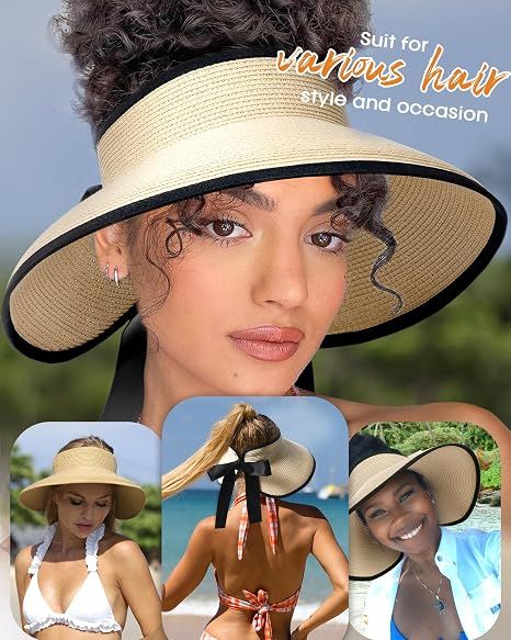 Women Straw Sun Visor Wide Brim UPF 50 Beige