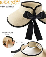 Women Straw Sun Visor Wide Brim UPF 50 Beige - 45-Degree Angle