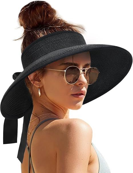 Women Straw Sun Visor Wide Brim UPF 50 Black