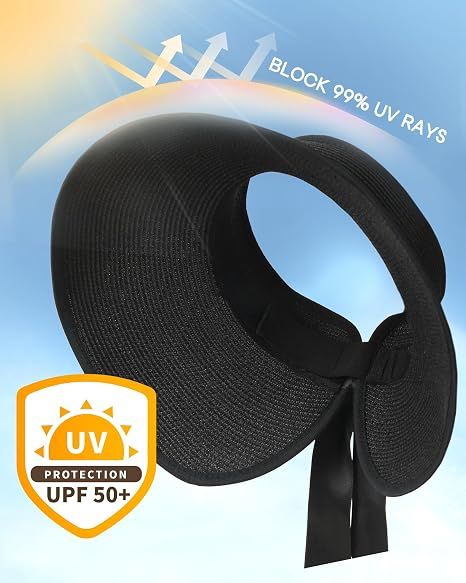 Women Straw Sun Visor Wide Brim UPF 50 Black