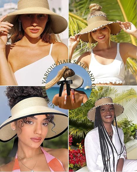 Women Straw Sun Visor Wide Brim UPF 50 Black