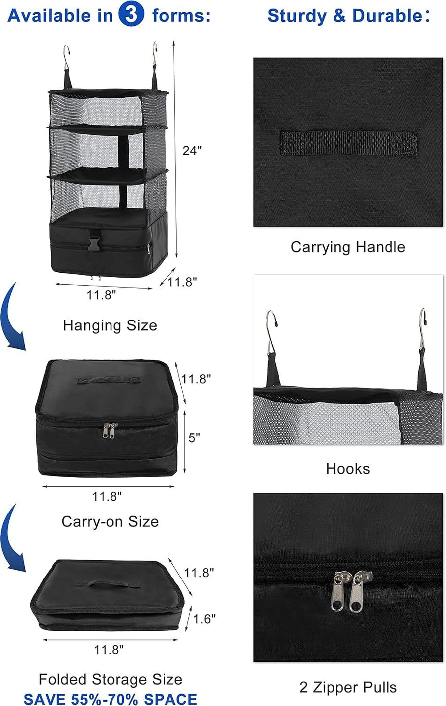 Hanging Packing Cube Clothing Organizer Black, 30 x 30 x 61 cm