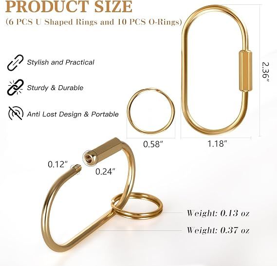 18 Piece Brass Keyring Set with U Rings and Screw Lock Gold