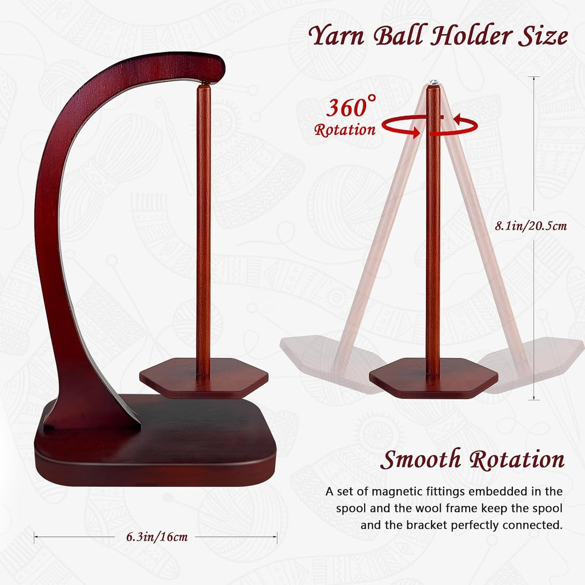 1 Piece Wooden Yarn Holder Magnetic Rotating for Crochet and Knitting Holds up to 500 g