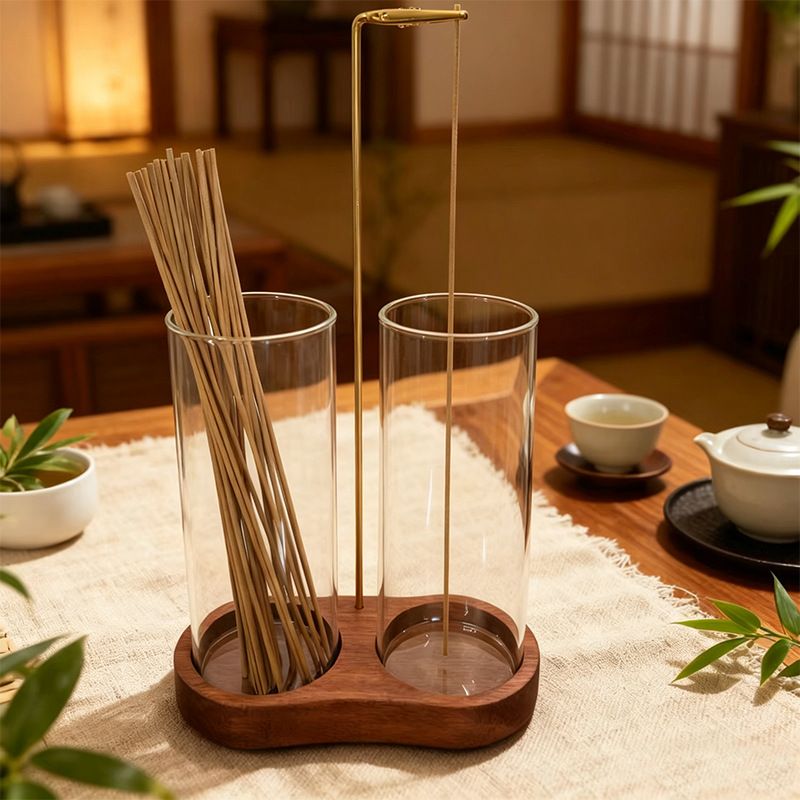 1 Piece Glass Incense Holder with Ash Catcher Wood and Glass