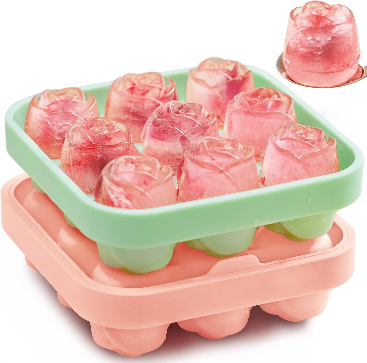 2 Piece Rose Silicone Ice Cube Tray 9 Compartments