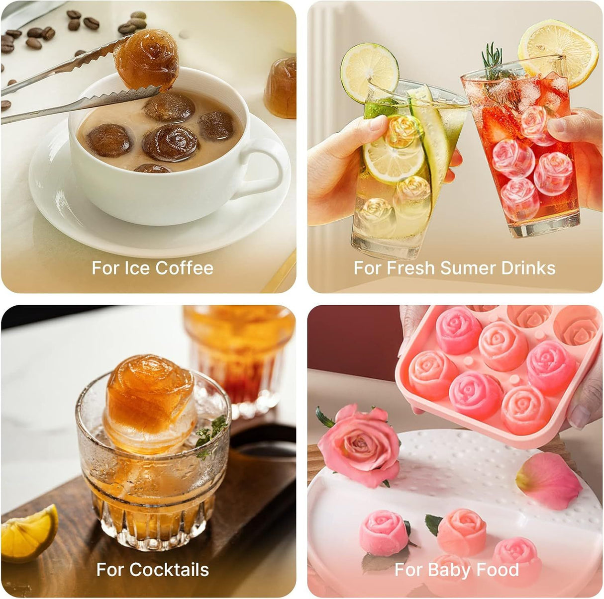 2 Piece Rose Silicone Ice Cube Tray 9 Compartments