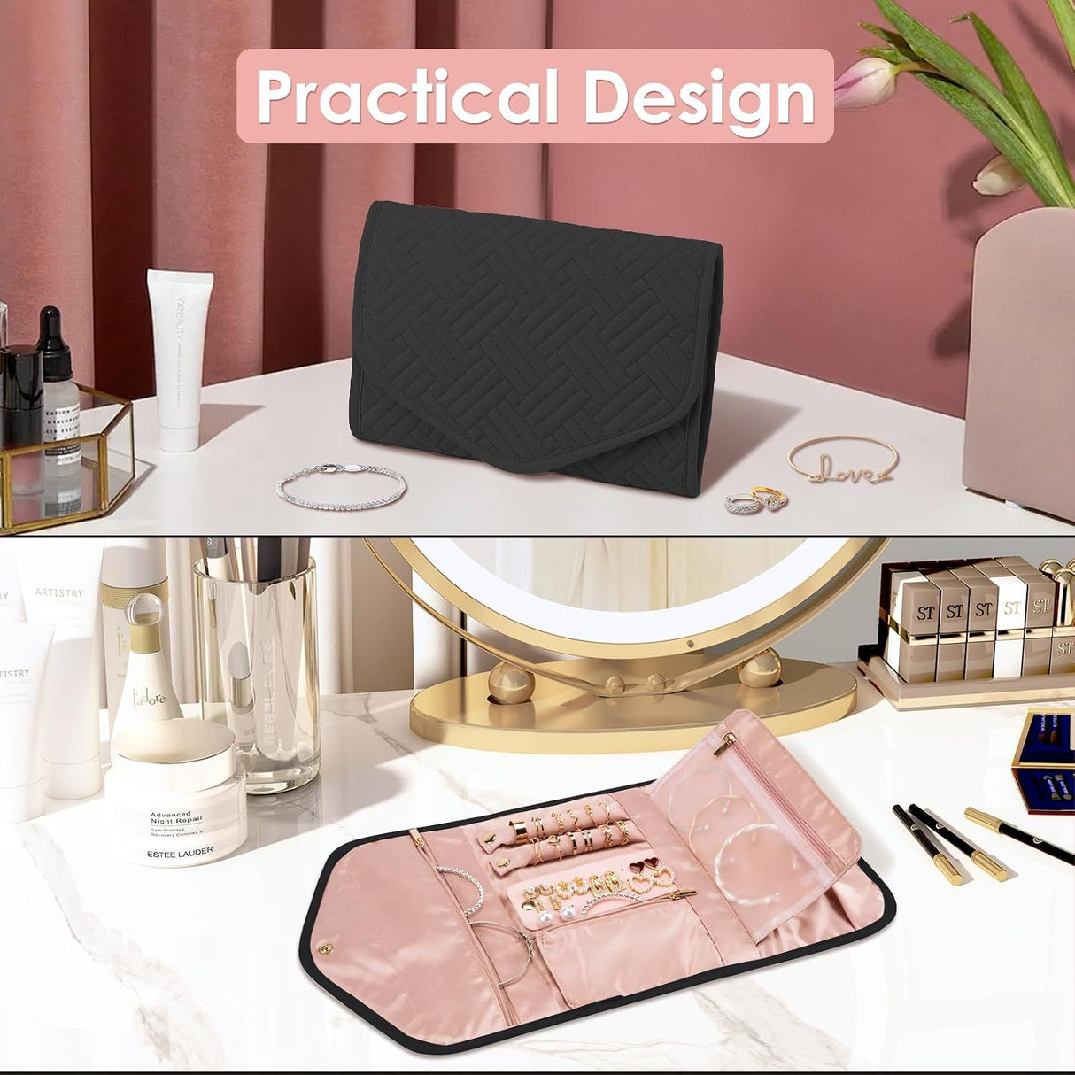 Foldable Travel Jewelry Organizer Black, 43 x 23 cm
