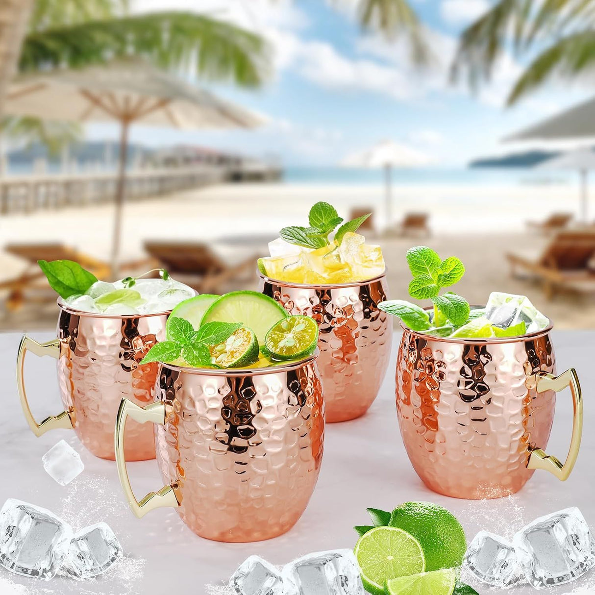4 Piece Moscow Mule Mug Set Hammered Copper Look, 500 ml