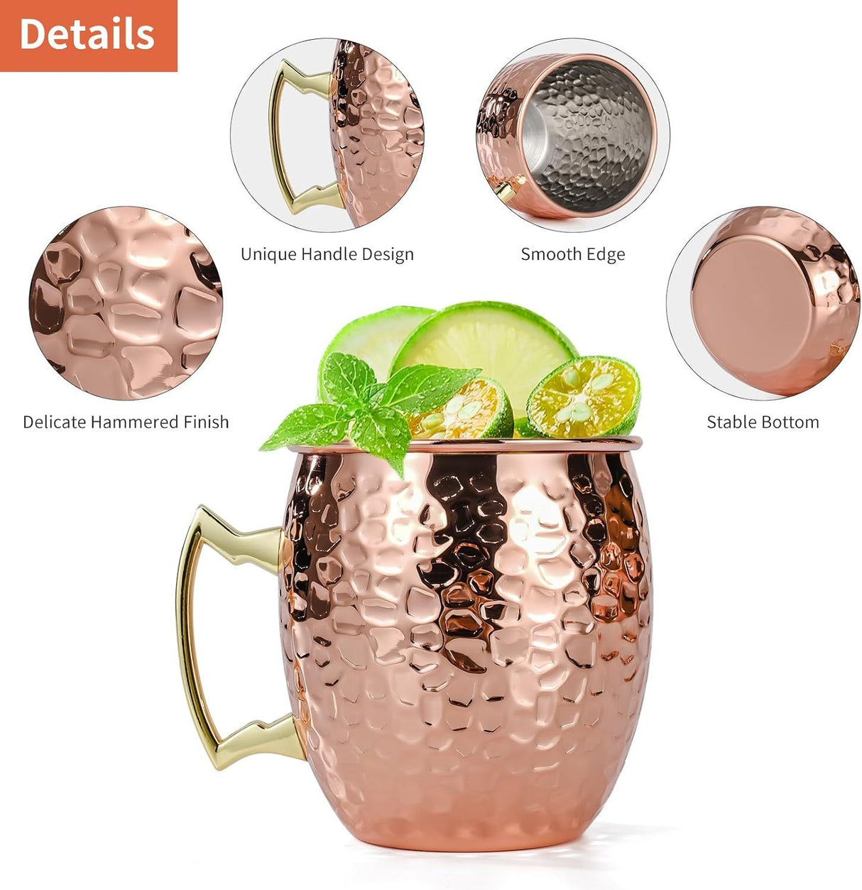 4 Piece Moscow Mule Mug Set Hammered Copper Look, 500 ml