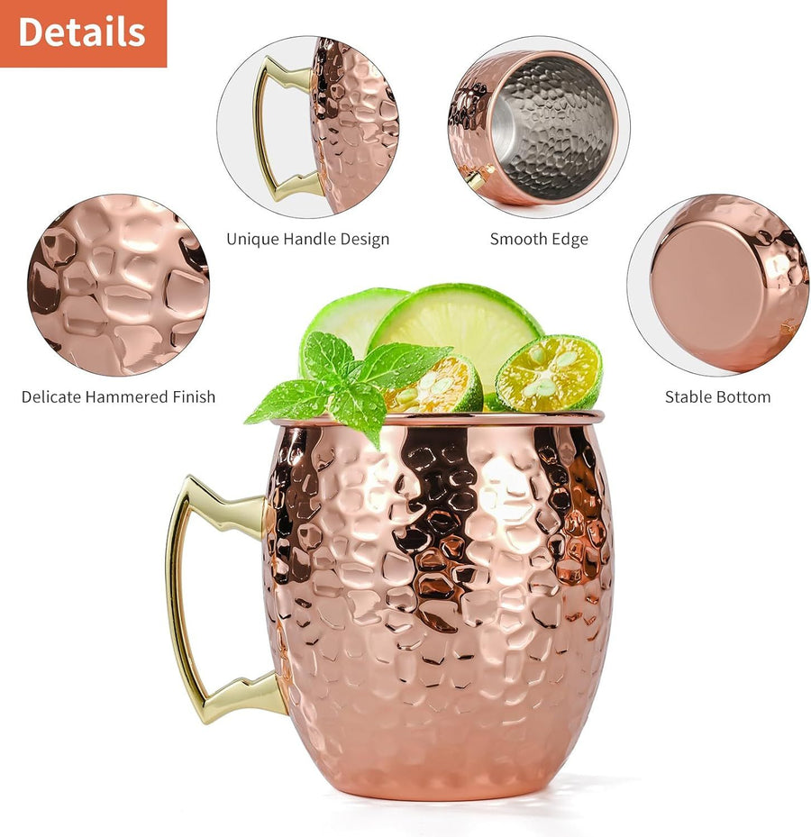 4 Piece Moscow Mule Mug Set Hammered Copper Look, 500 ml