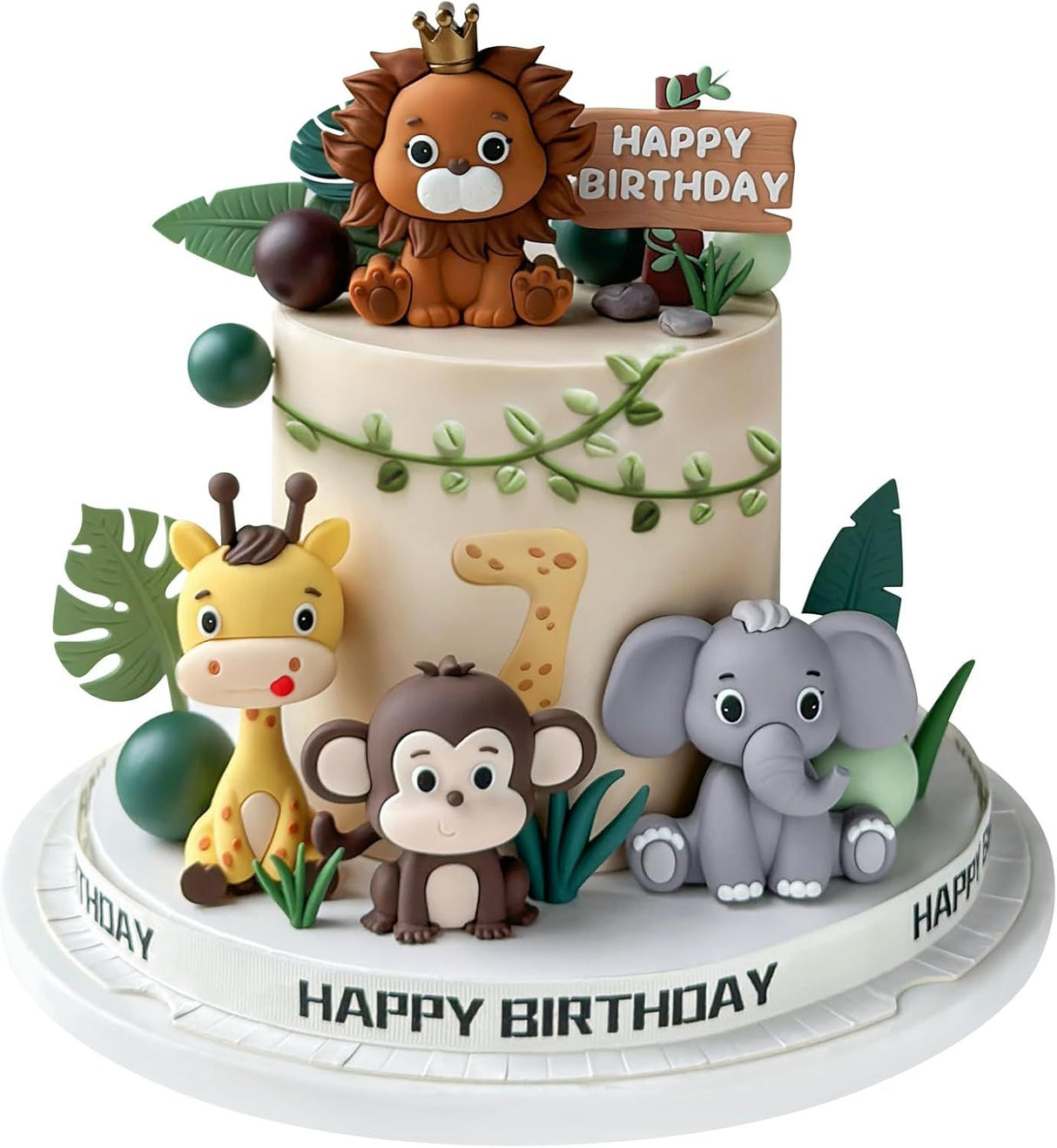 19 Piece Safari Cake Topper Set Animal and Leaf Design