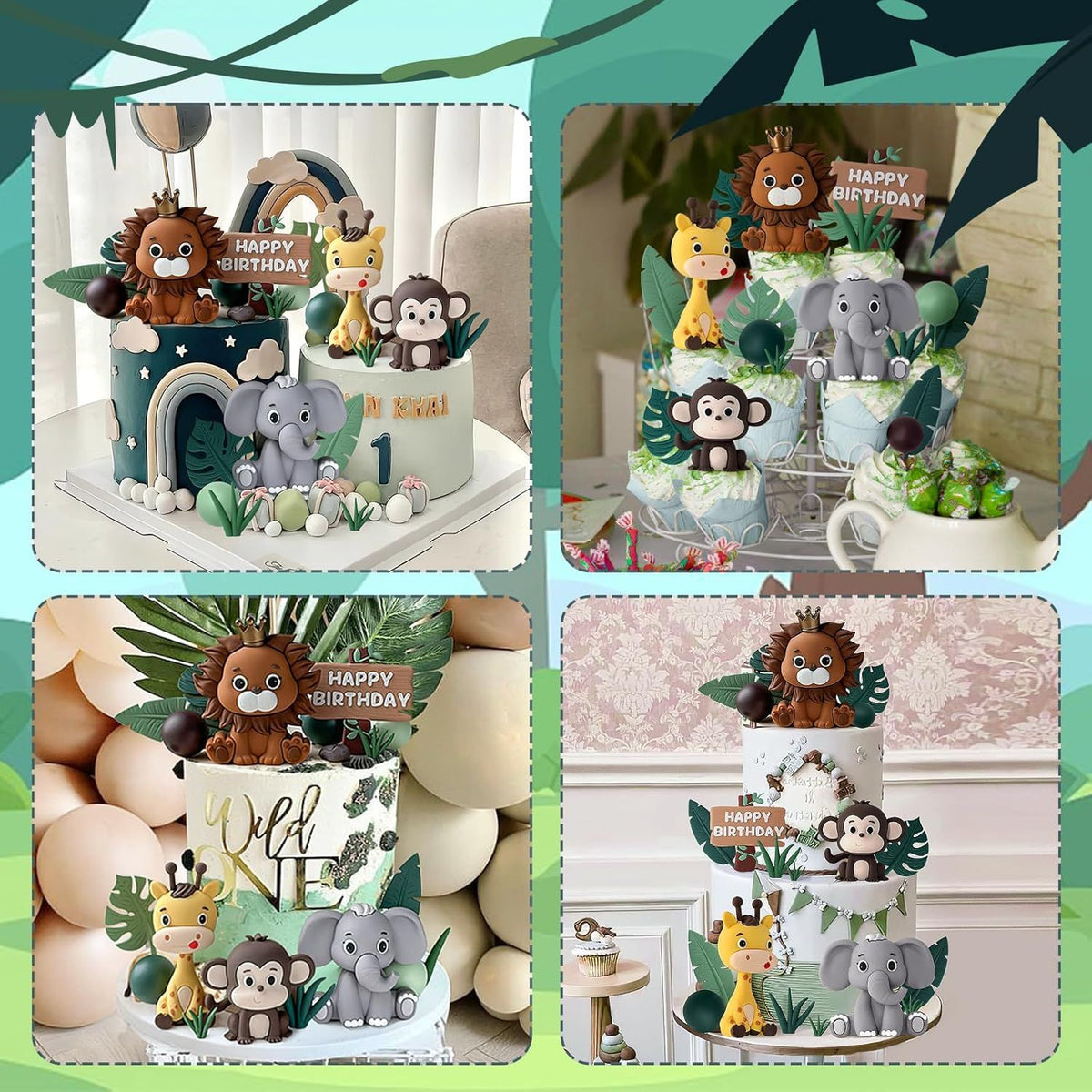19 Piece Safari Cake Topper Set Animal and Leaf Design