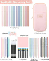 44 Piece School Supplies Set with Pencil Case Pastel Highlighters and Gel Pens Pink, 22 x 10.5 x 6.5 cm - Top-Down View