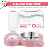 Cat Food and Water Bowl 2 in 1 with Automatic Water Dispenser Pink, 500 ml - Front View