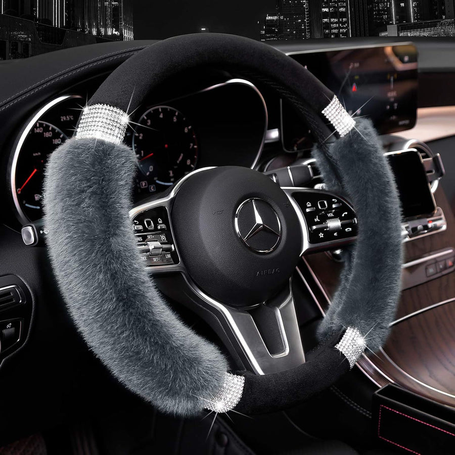Rhinestone Fluffy Steering Wheel Cover - Comfortable Non-Slip Luxury Faux Wool, Universal Fit for 14.5" to 15" Steering Wheels