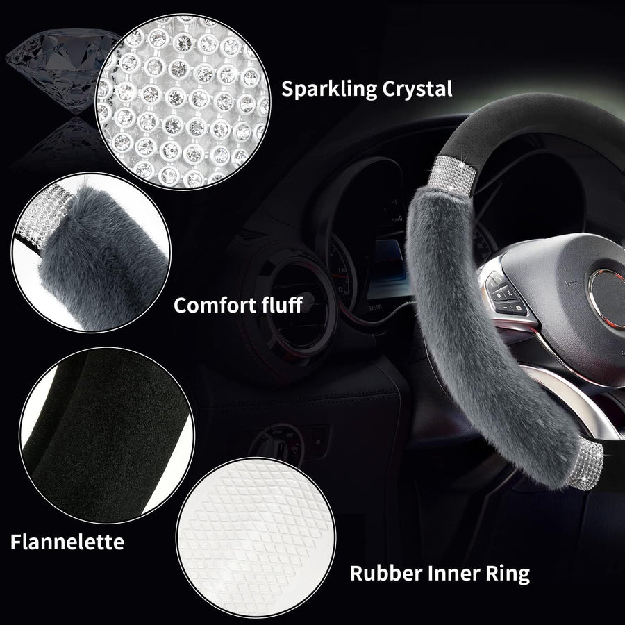 Rhinestone Fluffy Steering Wheel Cover - Comfortable Non-Slip Luxury Faux Wool, Universal Fit for 14.5" to 15" Steering Wheels