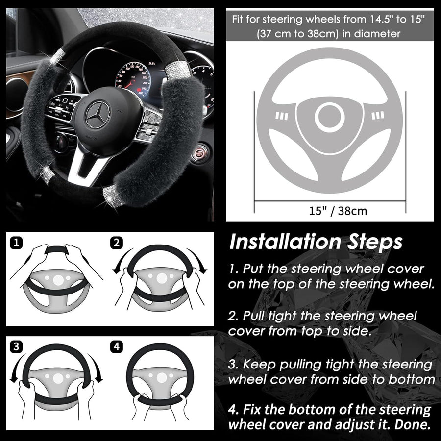 Rhinestone Fluffy Steering Wheel Cover - Comfortable Non-Slip Luxury Faux Wool, Universal Fit for 14.5" to 15" Steering Wheels