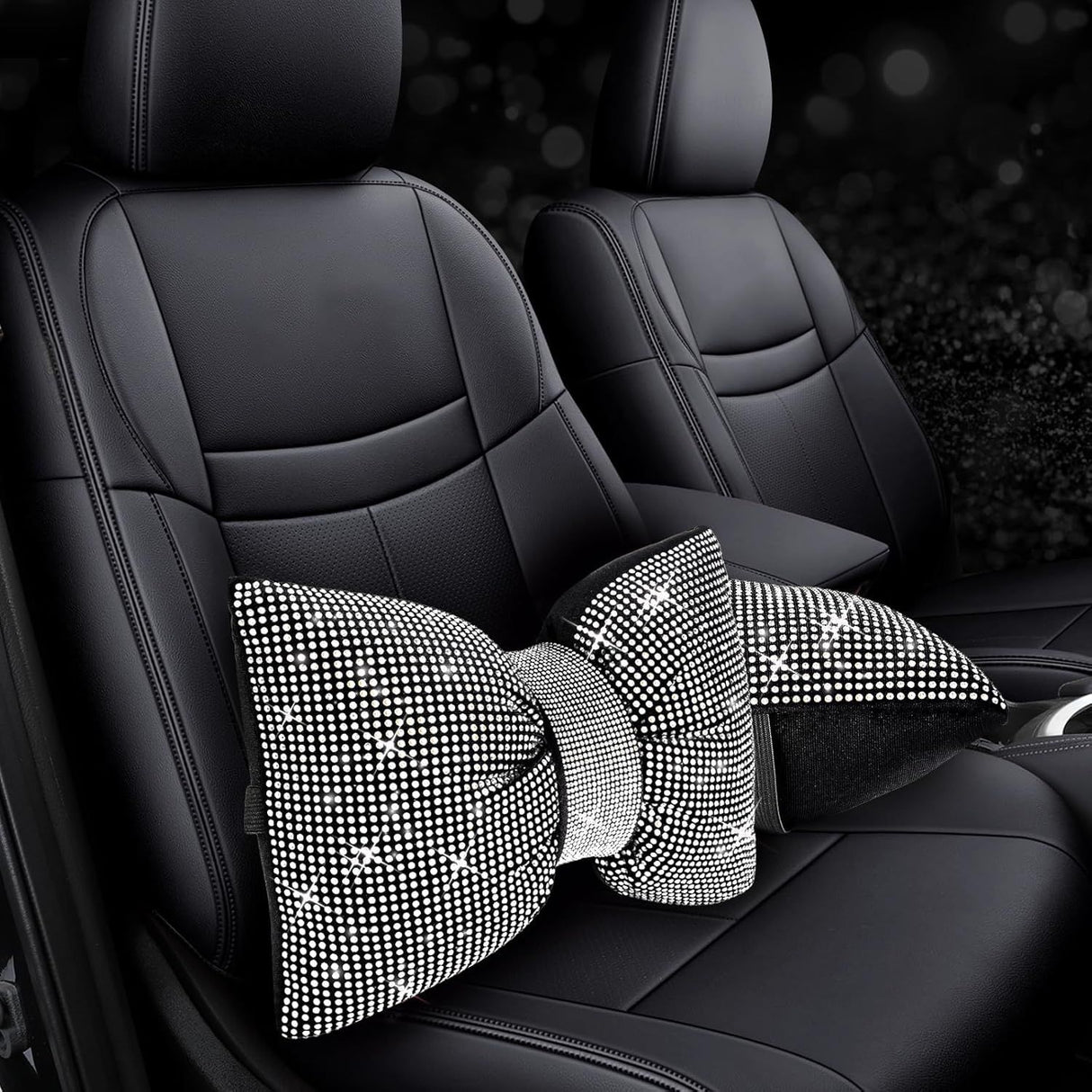 2 PCS Bling Car Pillows, Rhinestones Bowknot Bling Car Headrest Pillow, Car Neck Pillow for Driver Cool Relax Necksupport, White Crystal Diamond Car Accessories for Women