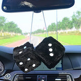 Pair 3” Black with White Dots Mirror Fuzzy Plush Dice, Black and White Soft Plush Car Decorative Hanging Ornament. - Front View