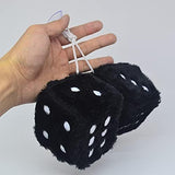 Pair 3” Black with White Dots Mirror Fuzzy Plush Dice, Black and White Soft Plush Car Decorative Hanging Ornament. - Side View