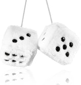 Pair 3” White with Black Dots Mirror Fuzzy Plush Dice, White and Black Soft Plush Car Decorative Hanging Ornament.