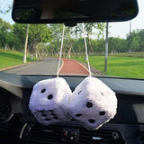 Pair 3” White with Black Dots Mirror Fuzzy Plush Dice, White and Black Soft Plush Car Decorative Hanging Ornament. - Front View