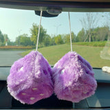 Pair 3” White with Black Dots Mirror Fuzzy Plush Dice, White and Black Soft Plush Car Decorative Hanging Ornament. - Side View