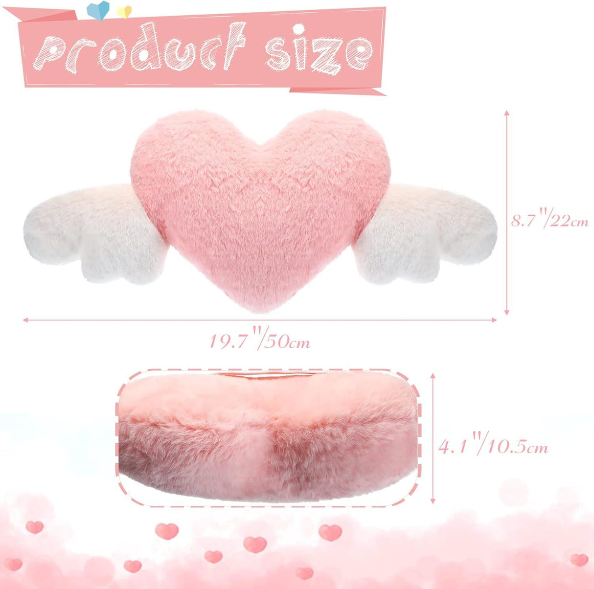 2 Pcs Plush Heart Shaped Pillow with Angel Wings Car Headrest Soft Comfortable Seat Pillow for Driving Travelling Room Office Car Decor, 19.7 x 8.3 Inch(White, Pink)